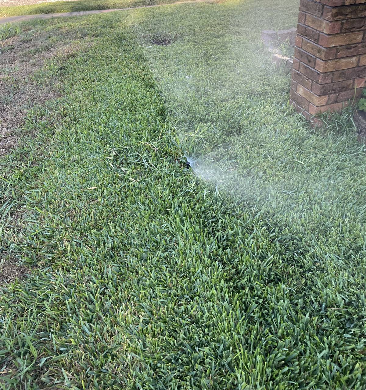 Spray head watering across a Keller, Texas front lawn during a zone check
