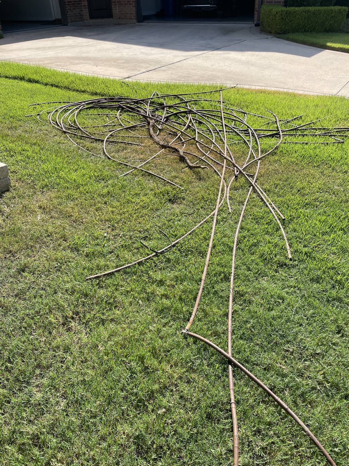 Pile of old, mismatched drip irrigation tubing pulled from flower beds and laid on a Southlake, Texas lawn